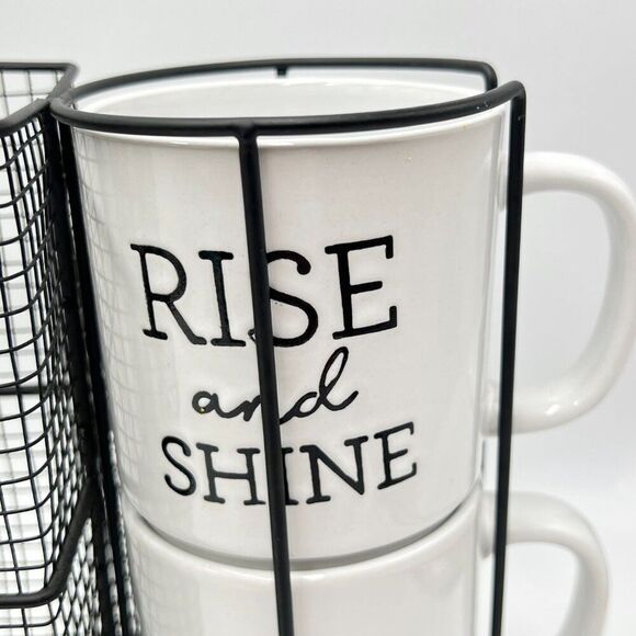 Boston Warehouse Coffee Mug & Black Wire Pod Holder 5 Piece Set 4 Stacking Mugs - Picture 9 of 16